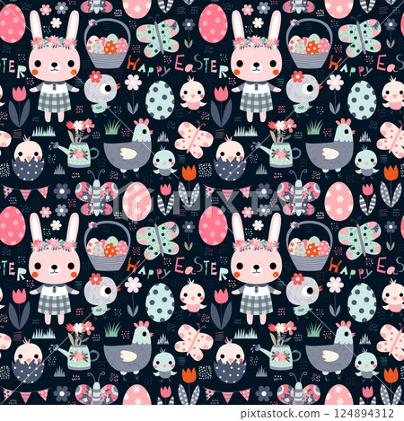 Cute seamless vector pattern for Easter holiday designs and packaging with bunny, chicken and eggs Cute seamless vector pattern for Easter holiday designs and packaging with bunny, chicken and eggs 124894312