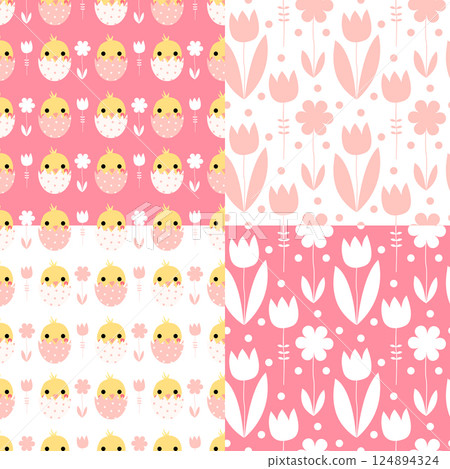 Cute Easter seamless pattern set with chickens and flowers on pink and white background 124894324