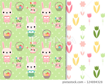 Cute Easter seamless patterns with bunnies, baskets and flowers on green and white background Cute Easter seamless patterns with bunnies, baskets and flowers on green and white background 124894328