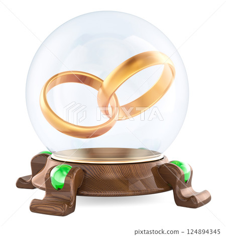 Crystal ball with golden wedding rings. Marriage Prediction, concept. 3D rendering Crystal ball with golden wedding rings. Marriage Prediction, concept. 3D rendering 124894345