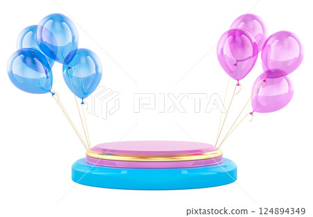 Gender reveal party, concept. Pink and Blue podium with pink and blue party balloons, 3D rendering 124894349