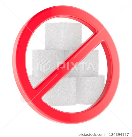Prohibition symbol with sugar cubes. 3D rendering 124894357