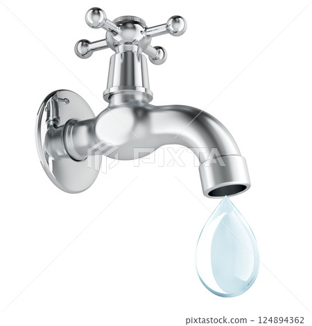 Water tap with dripping drop. Save water concept, 3D rendering 124894362