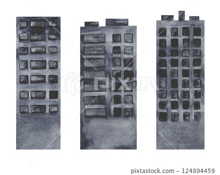 Set of silhouette buildings, skyscrapers. Watercolor dark grey monochrome illustration isolated on white. Architecture for cityscape, urban landscape for the background designs. Grunge style Set of silhouette buildings, skyscrapers. Watercolor dark grey monochrome illustration isolated on white. Architecture for cityscape, urban landscape for the background designs. Grunge style 124894459