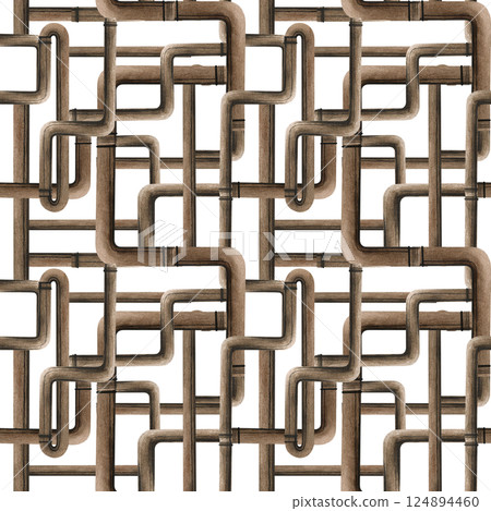 Copper pipes plumbing pipeline with connectors seamless pattern isolated on white background. Watercolor illustration pipe section or water supply. Metal tubes for plumbing and drainage web design Copper pipes plumbing pipeline with connectors seamless pattern isolated on white background. Watercolor illustration pipe section or water supply. Metal tubes for plumbing and drainage web design 124894460