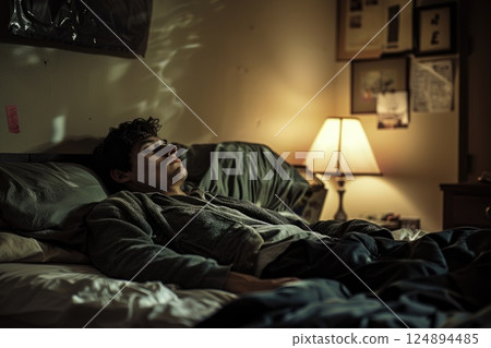 Man Relaxing in Moody Bedroom with Warm Lamp Light and Cozy Atmosphere 124894485