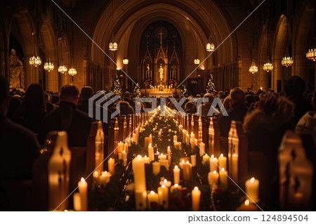 Candlelit Christmas Eve Service in Beautifully Lit Church with Congregation 124894504