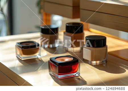 Elegant Display of Modern Makeup and Cosmetic Products in Natural Light Elegant Display of Modern Makeup and Cosmetic Products in Natural Light 124894688