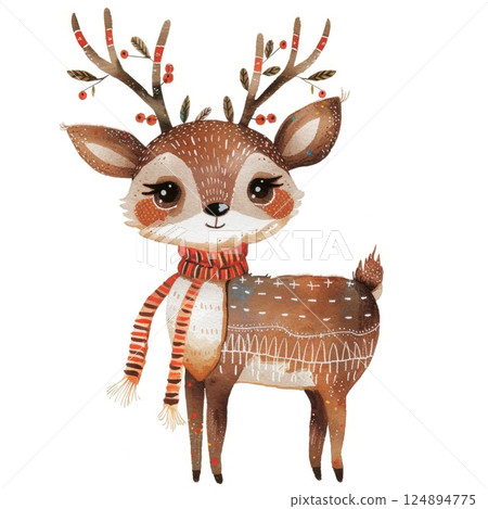 Adorable Watercolor Deer with Scarf in Winter Forest Illustration 124894775