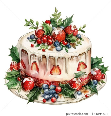 Festive Christmas Cake with Holly and Berries Watercolor Illustration Festive Christmas Cake with Holly and Berries Watercolor Illustration 124894802