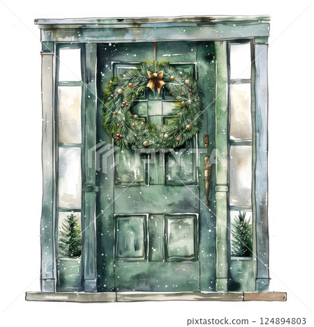 Festive Green Door Decorated with Christmas Wreath, Holly and Snow Fall 124894803