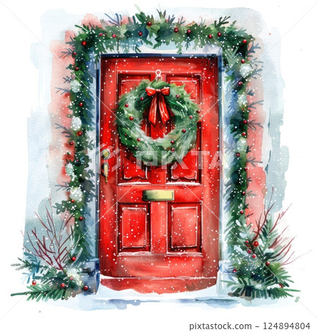Festive Red Door Decorated with Christmas Wreath, Holly and Snow Fall 124894804