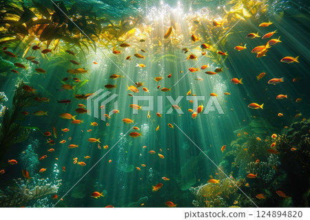 Sunlit Underwater Coral Reef with Colorful Fish and Marine Life Aquatic Paradise 124894820