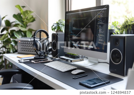 Modern Home Office Workspace with Desktop Computer and Nature-Themed Screensaver Modern Home Office Workspace with Desktop Computer and Nature-Themed Screensaver 124894837