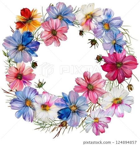 Colorful Floral Wreath with Pastel Cosmos Flowers and Greenery on White Background 124894857