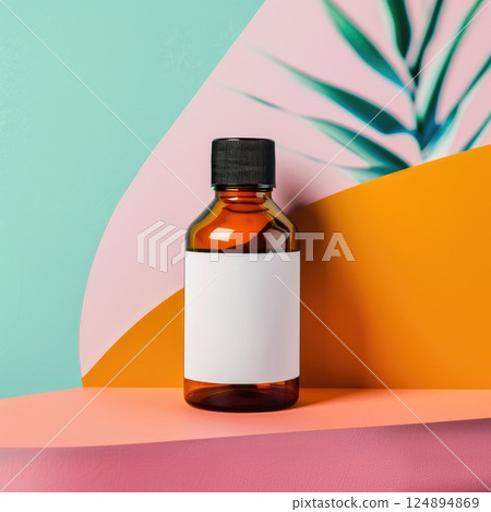 Amber Bottle on Vibrant Geometric Background with Leaf Shadow. Modern Minimalist Concept 124894869