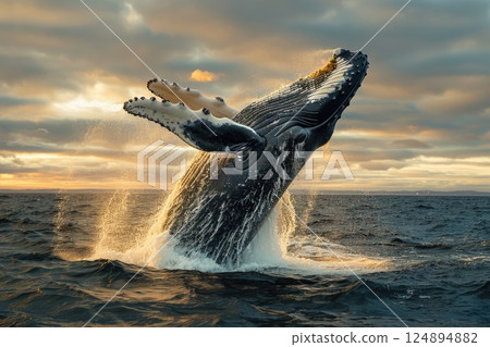 Majestic Humpback Whale Breach at Sunrise over Ocean Waves with Golden Light Majestic Humpback Whale Breach at Sunrise over Ocean Waves with Golden Light 124894882