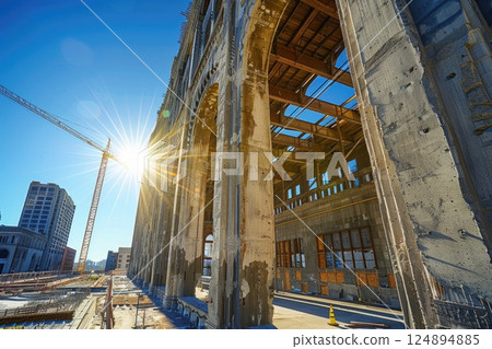 Urban Construction Site with Historic Building Facade and Crane at Sunrise Urban Construction Site with Historic Building Facade and Crane at Sunrise 124894885