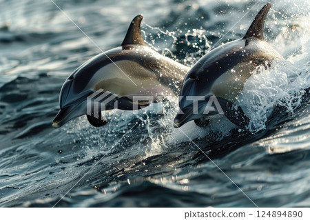 Playful Dolphins Leaping Through Ocean Waves at Sunset 124894890