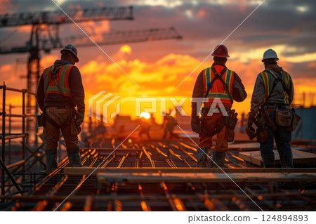 Construction Workers on Building Site at Sunset with Cranes in Background Construction Workers on Building Site at Sunset with Cranes in Background 124894893