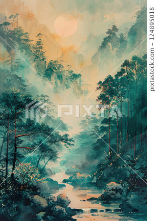 Majestic Mountain Landscape with Misty Peaks and River in Serene Forest 124895018