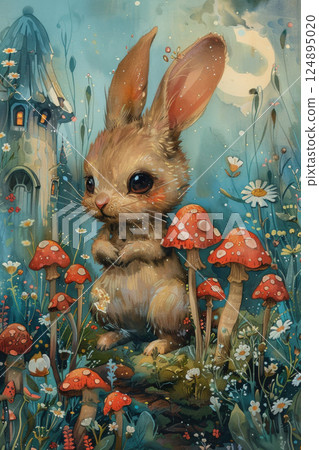 Whimsical Fantasy Bunny in Enchanted Forest with Mushrooms and Fairy-Tale Tower 124895020
