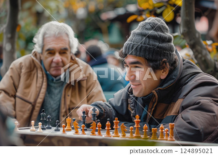 Elderly Men Playing Chess in Autumn Park - Candid Outdoor Leisure Scene 124895021