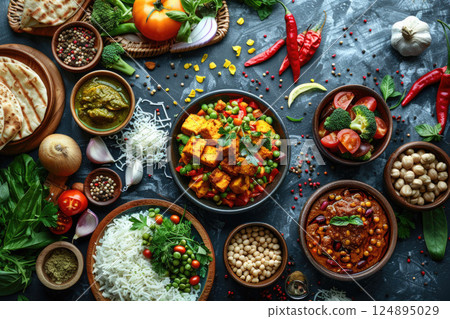 Colorful Variety of Healthy Plant-Based Dishes with Rice, Vegetables, and Legumes 124895029