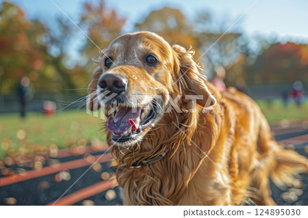 Joyful Dog Running on Forest Trail During Sunny Day 124895030
