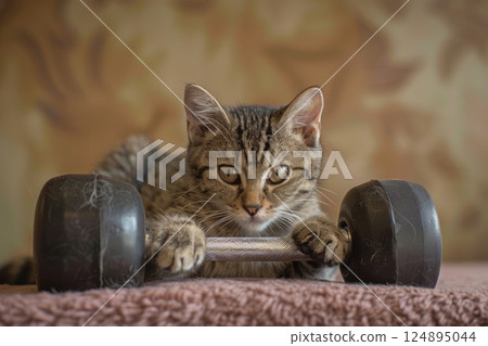 Adorable Tabby Kitten Playing with Dumbbells in a Fitness Setting 124895044