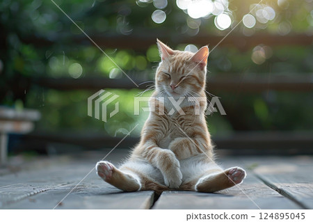 Meditating Tabby Cat Relaxing in Sunlight on Yoga Mat 124895045