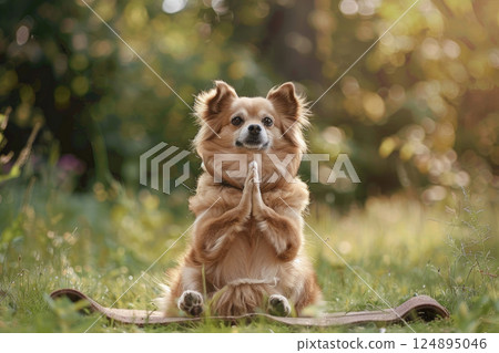 Adorable Dog Meditating in Autumn Forest with Golden Leaves and Sunlight 124895046