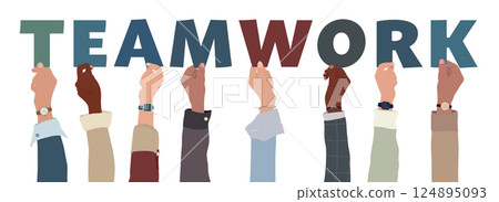 Raised hands of diverse people holding letters forming the word TEAMWORK. Business collaboration concept. Transparent background 124895093