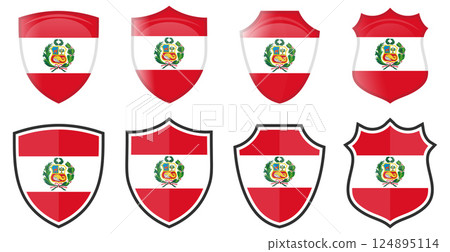 Vertical Peru flag in shield shape, four 3d and simple versions. Peruvian icon / sign 124895114