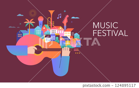 Colorful geometric summer music festival template, poster, banner. Summer time fun concept design Colorful geometric summer music festival template, poster, banner. Summer time fun concept design 124895117