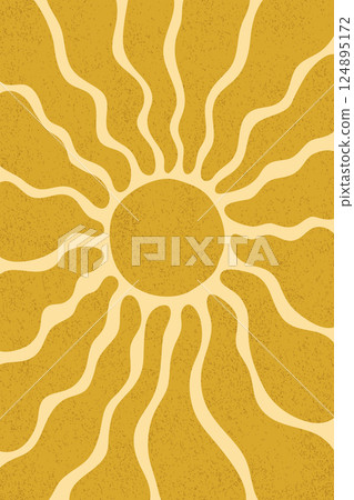Summer sun pattern background. Groovy sun with wavy rays and vintage grainy texture, Summer sun pattern background. Groovy sun with wavy rays and vintage grainy texture, 124895172