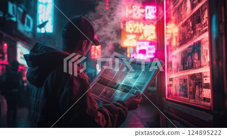 在霓虹燈閃爍的街道上，一名男子在看報紙的背影 124895222