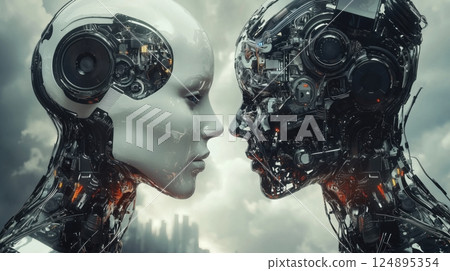 兩個未來機器人面對面的特寫鏡頭 124895354