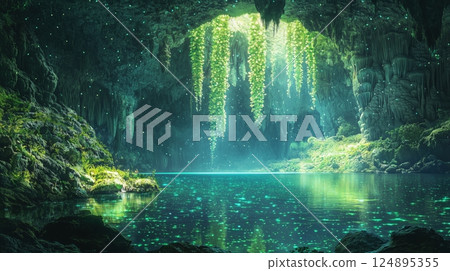 一個神秘的洞穴，裡面有一個閃閃發光的湖泊和閃閃發光的綠色常春藤 124895355