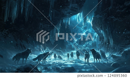 Mysterious pack of wolves gathers in an ice cave 124895360