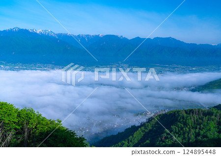 【雲海素材】從長峰山看到的初夏安曇野市的雲海【長野縣】 【雲海素材】從長峰山看到的初夏安曇野市的雲海【長野縣】 124895448
