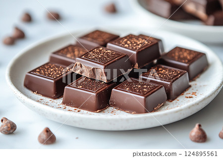 White plate featuring gourmet chocolate squares topped with edible gold leaf. Perfect for promoting high-end chocolate products and luxury dessert catering. 124895561