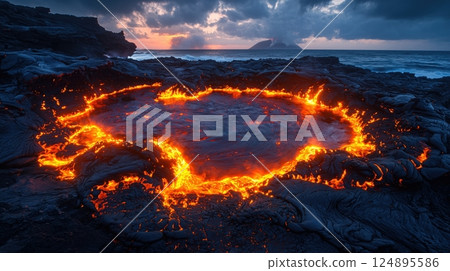 A pool of burning lava appears on the coast 124895586