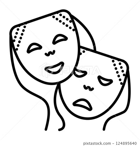 Happy and sad facial mask on ropes, vector black line icon for a drama and comedy theater 124895640
