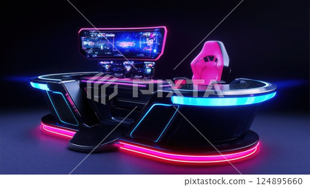 Futuristic gaming desk and monitor setup 124895660