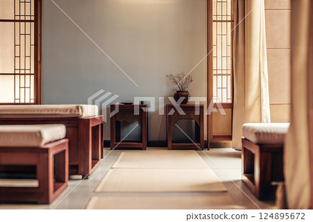 Tranquil Spa Interior With Wooden Furniture and Calm Ambiance During Daytime Hours 124895672