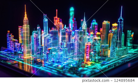 3D holographic model of a neon city of the future 124895684