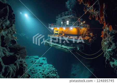 Underwater Exploration Vessel Illuminating Ocean Depths in a Mysterious Cave 124895745