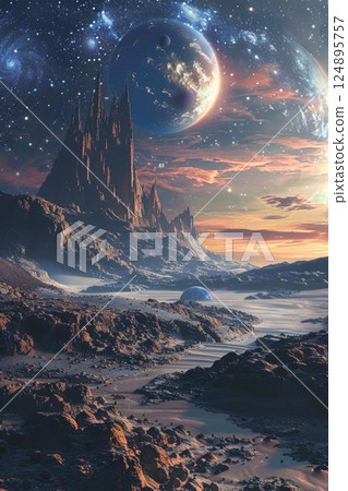 Surreal Alien Landscape with Majestic Peaks and Fiery Planet Horizon 124895757