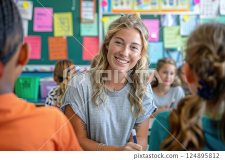 Happy Students Engaged in Classroom Activities with Diverse Peers 124895812
